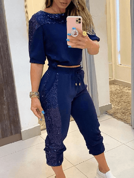

Sequins Raglan Sleeve Round Neck Tops Pants Sets, Blue, Suit Set