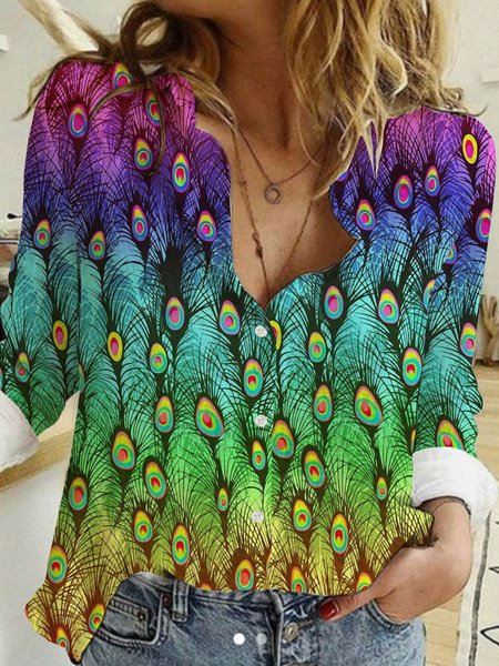 

Geometric gradient rainbow peacock feather long sleeve loose button up shirt Plus Size, Multicolor, Shirts & Blouses