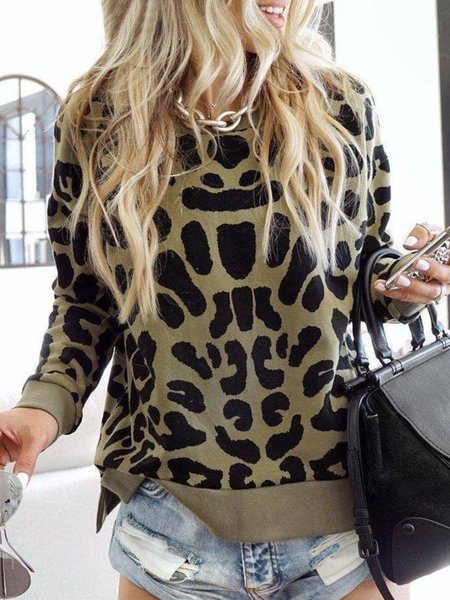 

Leopard Long Sleeve Crew Neck Plus Size Casual Sweatshirts, Hoodies & Sweatshirts