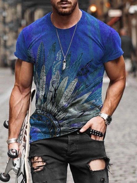Casual round neck thin slim-fit feather print bottoming top T-shirt, 27, T-shirt