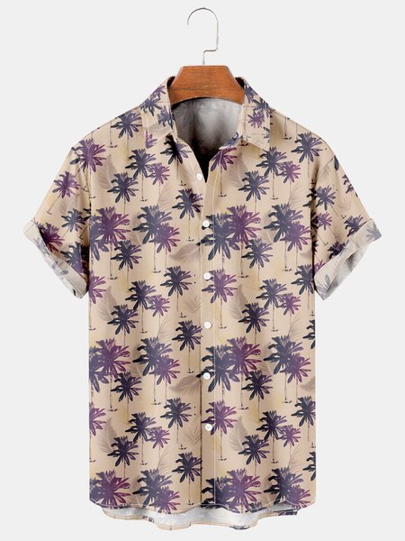 

Holiday Style Hawaiian Series Plant Leaf Element Lapel Short-Sleeved Shirt Print Top, Khaki, Men's Floral shirt