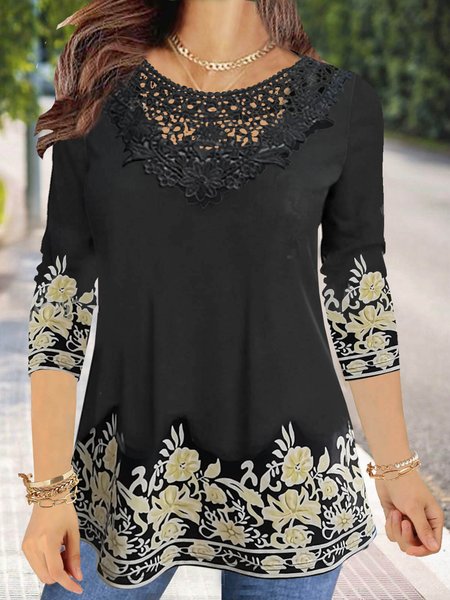 

Long sleeve round neck collar flower piece decorative plant flower gradient printing loose a-hem medium length top Plus Size, Black, Tops