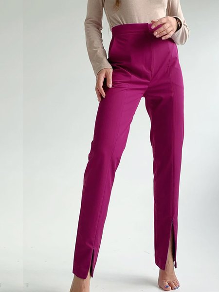 

Solid High Waist Regular fit Spring Long Pants, Purple red, Cropped Pants