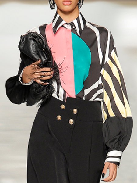 

Shirt Collar Elegant Color Block Striped Top, Multicolor, Blouses and Shirts