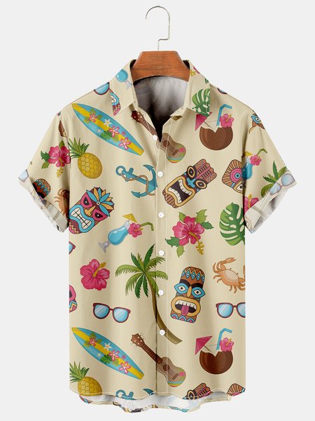 

Holiday Style Hawaiian Series Plant Leaves And Floral Elements Lapel Short-Sleeved Shirt Print Top, Khaki, Men's Floral shirt