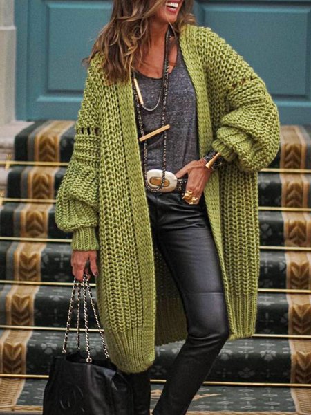 

Collarless Casual Long Sleeve Sweater, Green, Knitwear & Sweaters