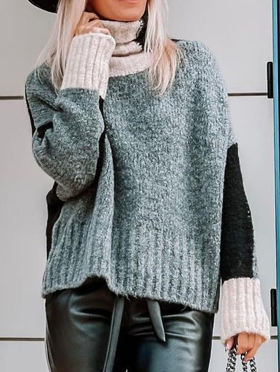 

Yarn/Wool Yarn High Neck Casual Sweater, Gray, Knitwear & Sweaters