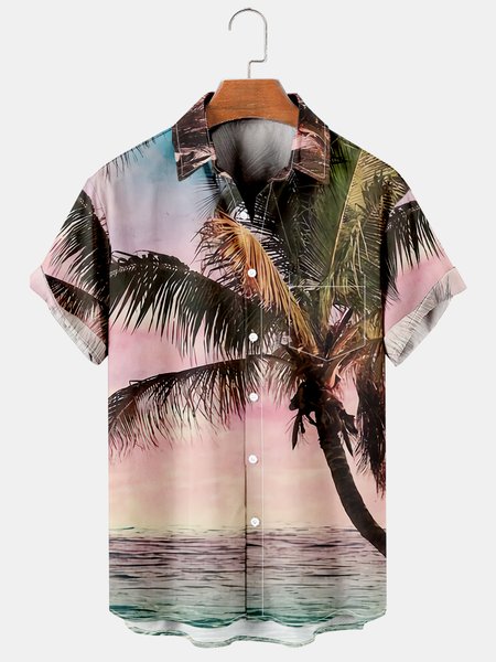

Vacation Leisure Plant Elements Coconut Tree Pattern Hawaiian Style Printed Shirt Top, As picture, Men's Floral shirt
