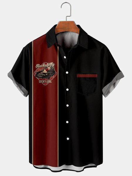 

Mens Nascar Vintage Cars Print Casual Breathable Chest Pocket Short Sleeve Hawaiian Shirts, Black, Shirts ＆ Blouse