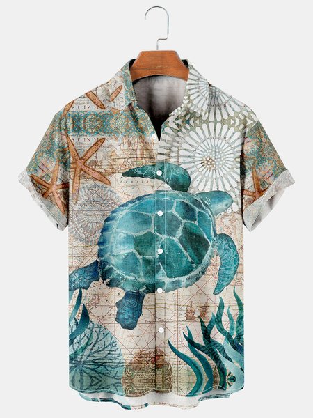 

Mens Turtle Print Casual Breathable Hawaiian Short Sleeve Shirt, As picture, Men's Floral shirt