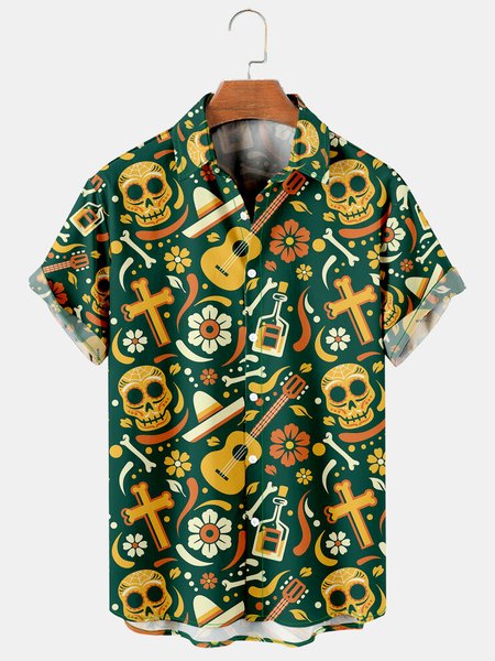 

Mens Funky Skull Music Print Casual Breathable Short Sleeved Hawaiian Shirt, Green, Men's Floral shirt