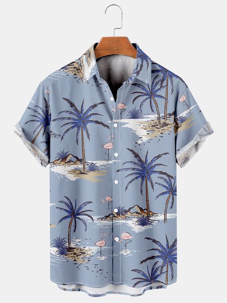 

Mens Coconut Tree Printed Casual Breathable Hawaiian Short Sleeve Shirt, Blue, Men's Floral shirt