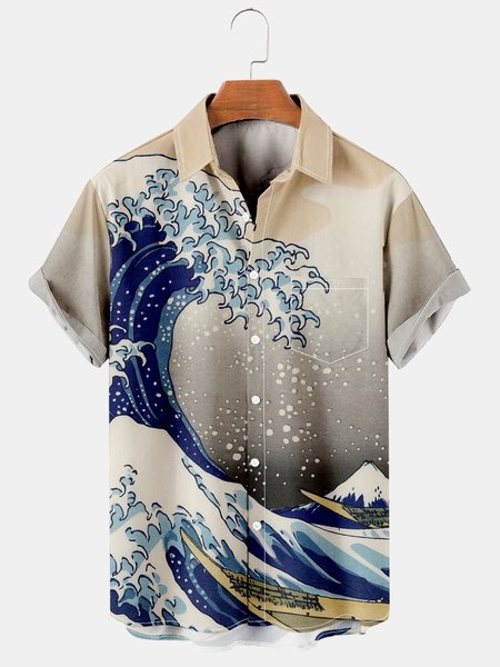 

Mens Japanese Ukiyoe Wave Print Casual Breathable Chest Pocket Short Sleeve Hawaiian Shirt, Khaki, Shirts ＆ Blouse