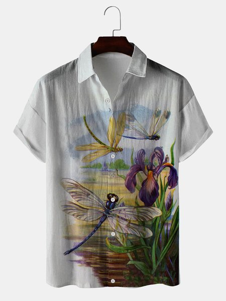 

Dragonfly Among Vintage Flowers Casual Cotton And Linen Shirt, As picture, Shirts ＆ Blouse
