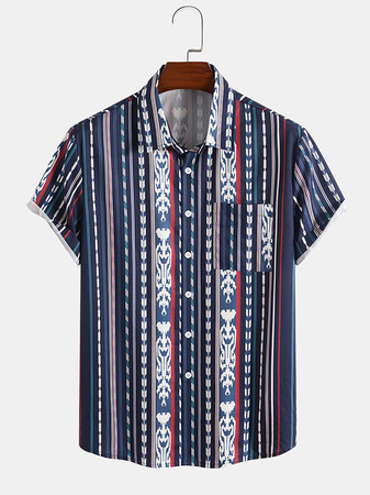 Men's Ethnic Elements Graphic Print Short-Sleeved Shirt 55 / 5,000 翻译结果, Blue, Shirt