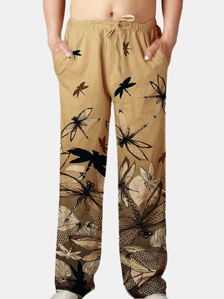 

American Casual Dragonfly Printed Linen Casual Trousers, As picture, Pants