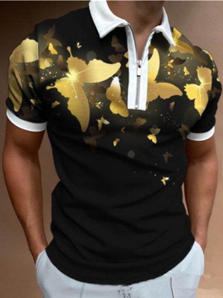 

3D Colorful Butterfly Graphics Short Sleeve Casual Men's Polo Shirt, Black, Men's t-shirts