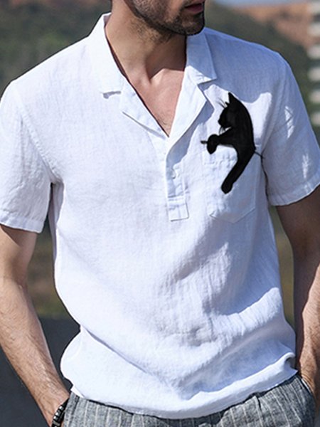 

Vintage Casual Cat Print Casual Shirt, White, Men's t-shirts