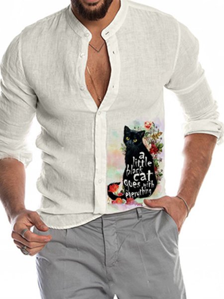 

Vintage Casual Cat Print Casual Shirt, As picture, Shirts ＆ Blouse