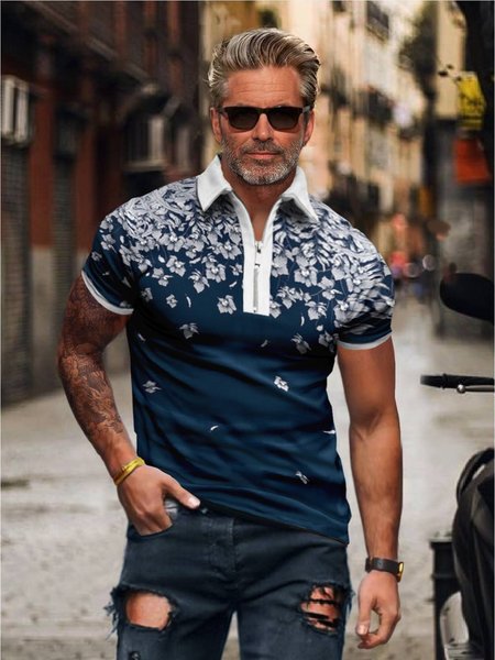 

Men's Hawaiian Floral Polo Shirt, As picture, Polos