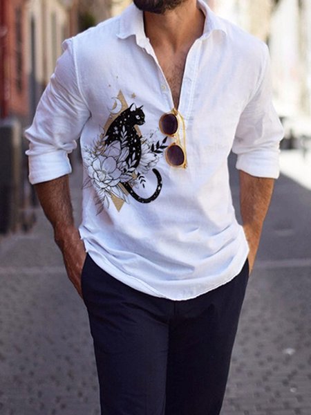 

Vintage Casual Cat Print Casual Shirt, White, Shirts ＆ Blouse