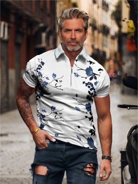 

Men's Hawaiian Floral Polo Shirt, As picture, Polos
