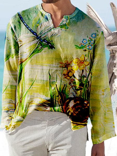 

Retro Casual Shirt With Dragonfly Print Among Flowers, As picture, Shirts ＆ Blouse