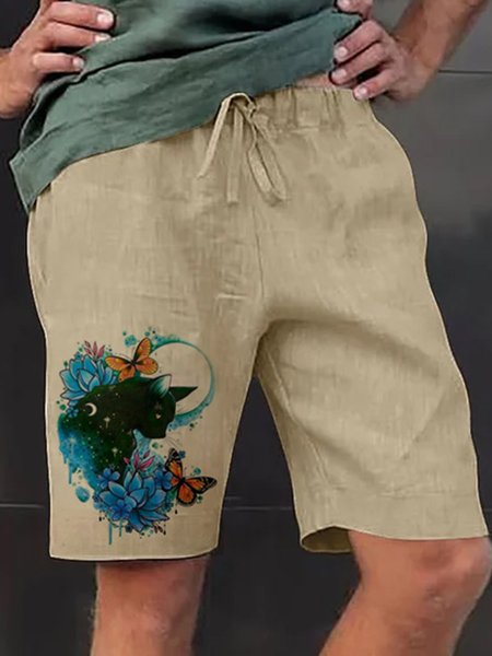 

Vintage Floral Cat And Butterfly Print Linen Casual Shorts, As picture, Shorts