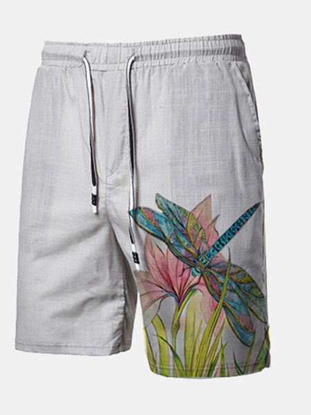 

Dragonfly Print Linen Casual Shorts In Vintage Flowers, As picture, Shorts