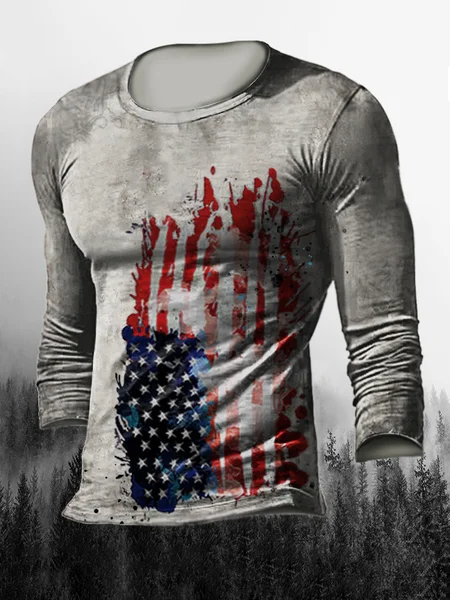 

Men's American Flag Elements Graphic Print Round Neck Long Sleeve Tee, Light gray, T-shirt