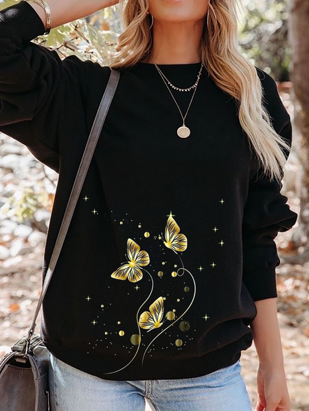 

Plus size Butterfly Printed Crew Neck Casual Sweatshirt, Black, Hoodies & Sweatshirts