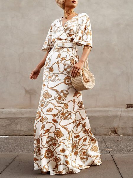 

Elegant V Neck Printed Half Sleeve Dress, White, Maxi Dresses