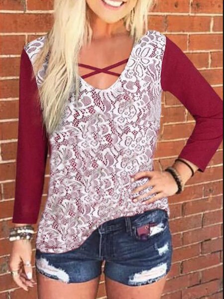 

Cotton Blends Casual Cross Front Shirts & Tops, Red, Tops