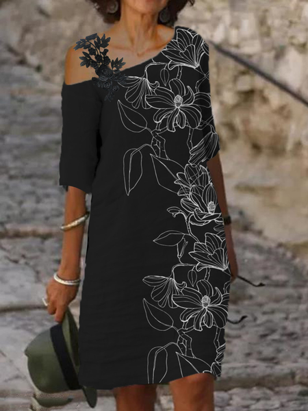 

Floral Casual One Shoulder Weaving Dress, Black, Floral Dresses