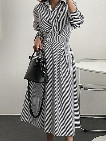 

Casual Striped Shirt Collar Midi Dress, Black-white, Midi Dresses