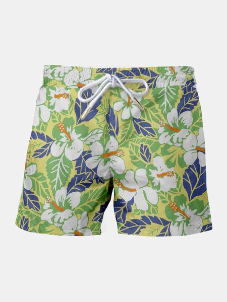 

Resort-Inspired Hawaiian Collection Floral And Botanical leaf Pattern Elements Side Pocket short Drawstring Print Beach Shorts, As picture, Men's shorts