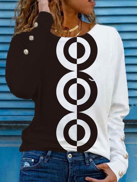 

Crew Neck Geometric Loosen Shirts & Tops, Black-white, Tops