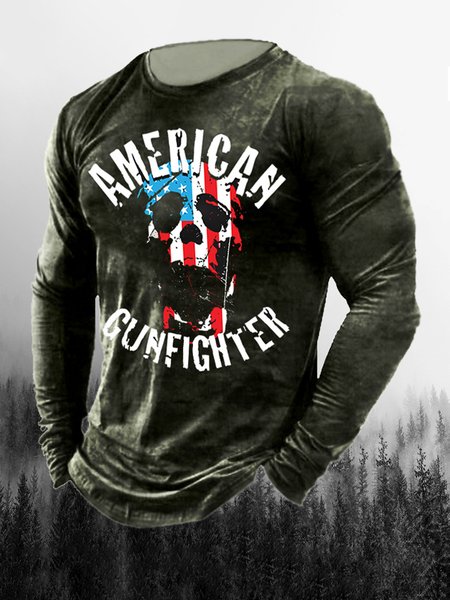 

Men's American Flag Elements Graphic Print Round Neck Long Sleeve Tee, Green, T-shirt