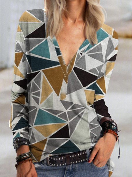 

Loosen Cotton Blends Boho V Neck Geometric Shirts & Tops, Flower, T-Shirts