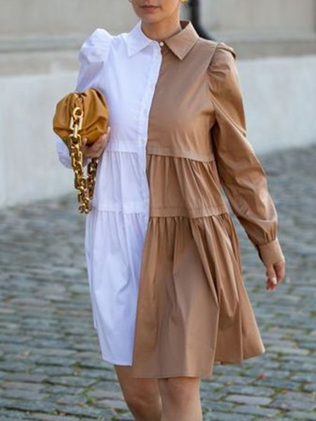 

Color Block Shirt Collar Loosen Dress, Khaki, Mini Dresses