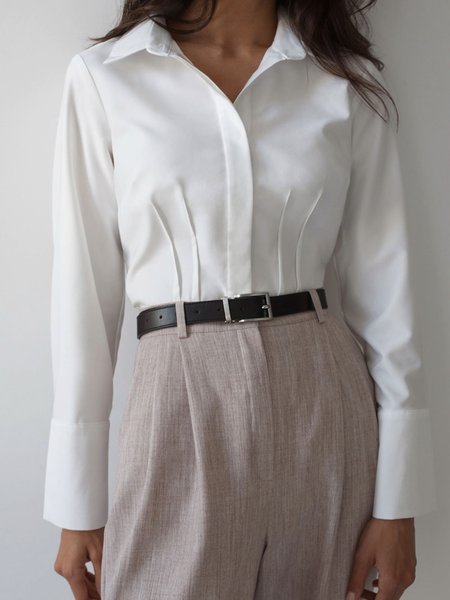 

Shirt Collar Plain Regular Fit Elegant Top, White, Blouses and Shirts