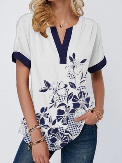 

V Neck Floral Shirts & Tops, White, Tops