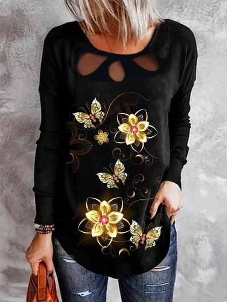 

Butterfly Floral Printed Long Sleeves Hollow Out Crew Neck Plus Size Casual Tops, Black, T-Shirts