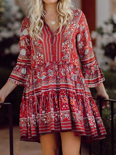 

Plus size Floral Boho Long sleeve Woven Dress, Red, Mini Dresses