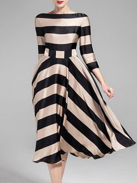 

Elegant Boat Neck Striped Three Quarter Dress, Black, Midi Dresses