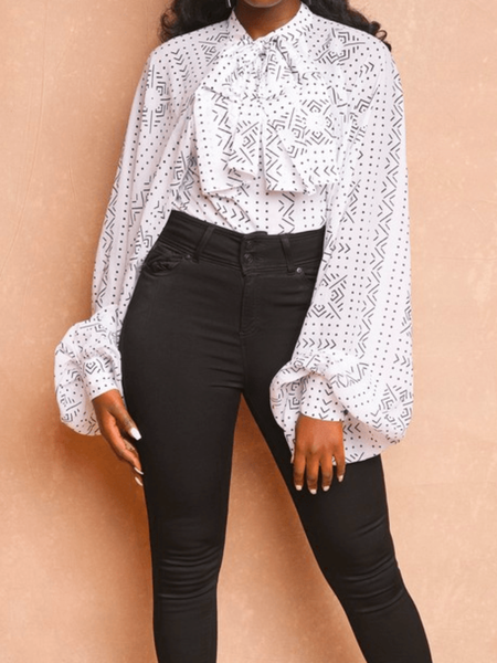 

Spring Elegant Geometric Tie Neck Long sleeve Daily Lightweight Tops, White, Tops