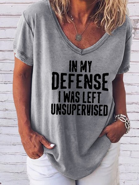 

Funny text printed V-neck short-sleeved T-shirt, Gray, T-shirts