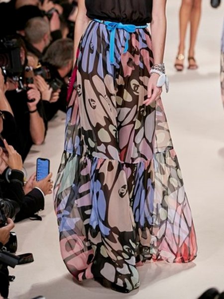 Vacation Loosen Butterfly Printed Skirt, Multicolor, Maxi Skirts
