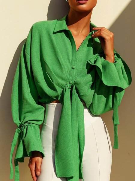 

Shirt Collar Solid Casual Long sleeve Shirt, Green, Tops