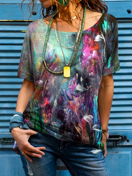 

Round neck Loosen Vacation Floral Shirts & Tops, Multicolor, T-Shirts